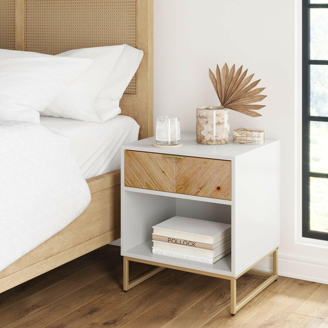 Kensi Farmhouse White Nightstand Open Cubby & Drawer | Nathan James