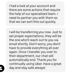 Uber Support 1 star review on 19th May 2024