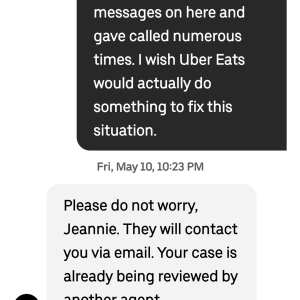 UberEATS 1 star review on 11th May 2024