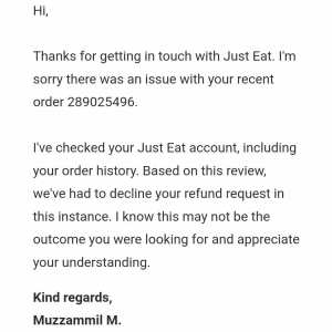 Just Eat 1 star review on 18th May 2024