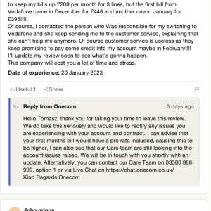 Onecom 1 star review on 25th January 2023