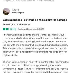 Sixt rent a car 1 star review on 27th April 2024