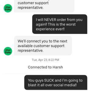 UberEATS 1 star review on 24th April 2024