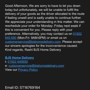 BJS Home Delivery 1 star review on 19th May 2022
