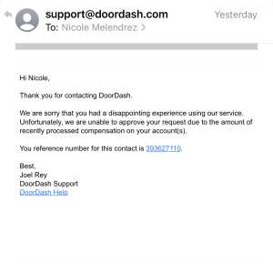 DoorDash 1 star review on 1st December 2022