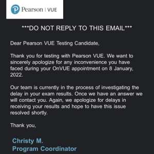 Pearson VUE 1 star review on 30th January 2022