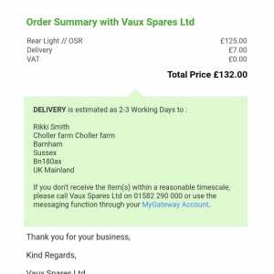 Vaux Spares Ltd 1 star review on 14th April 2021