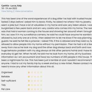 Trusted Housesitters 1 star review on 4th July 2022
