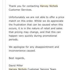 Harvey Nichols 1 star review on 22nd June 2020