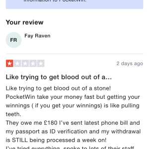 PocketWin 1 star review on 17th March 2022