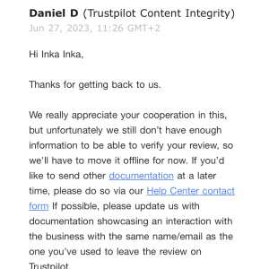 Trustpilot 1 star review on 27th June 2023