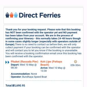 Direct Ferries 1 star review on 9th June 2023