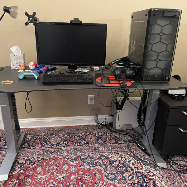 WFH + Gaming battle station complete. Cable management on a standing desk  and integrating personal PC + work laptop was a challenge, but I looks  great! : r/battlestations