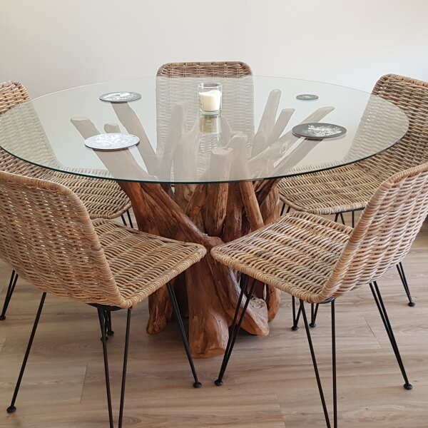 Whinfell Round Glass Top and Teak Root Wood Base 130cm Dining