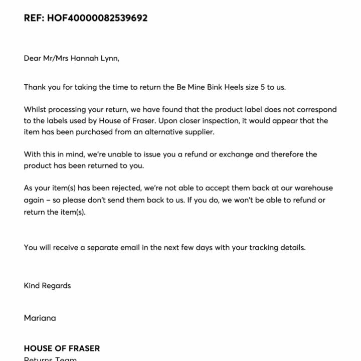 House Of Fraser 1 star review on 10th May 2024