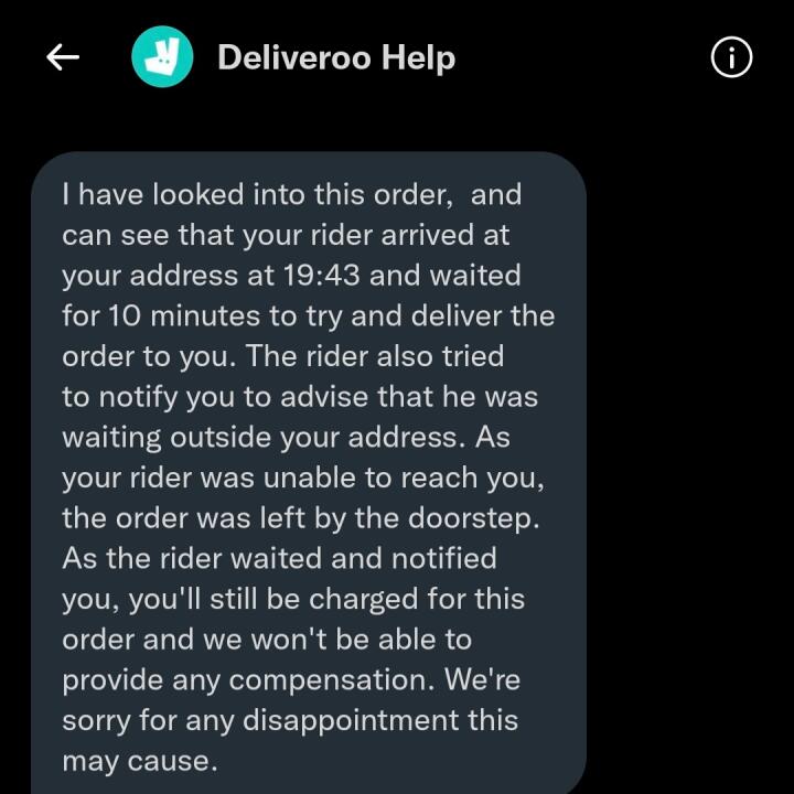 Deliveroo 1 star review on 11th December 2022