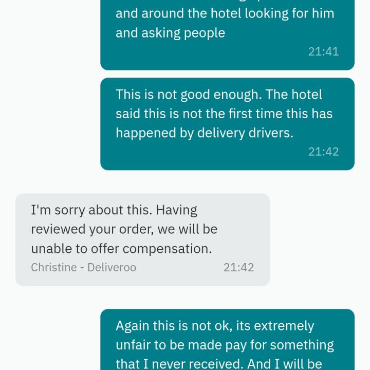 Deliveroo 1 star review on 26th November 2022