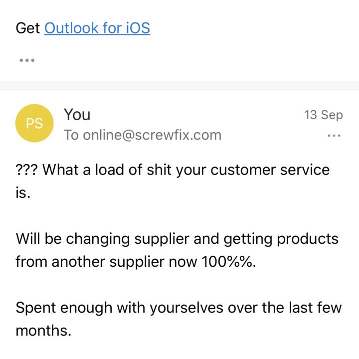 Screwfix 1 star review on 20th September 2020