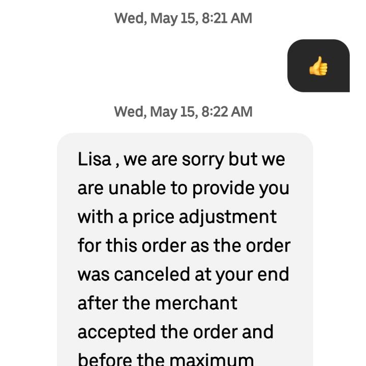 UberEATS 1 star review on 15th May 2024