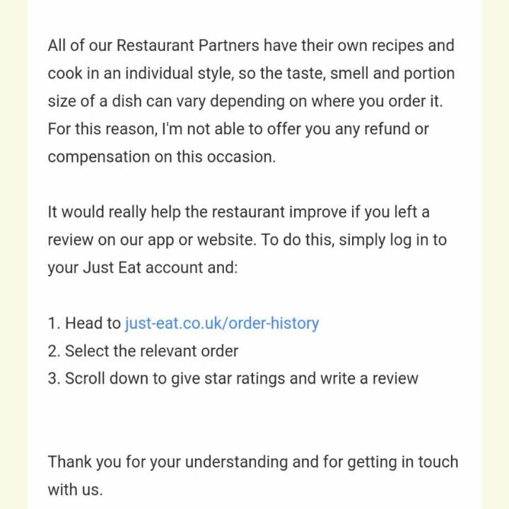 Just Eat 1 star review on 16th January 2024