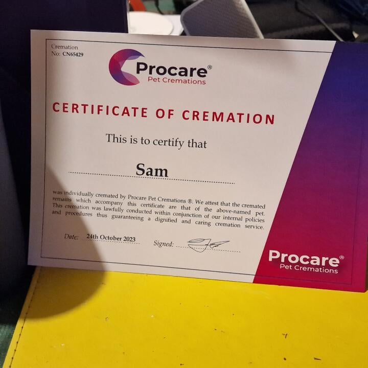 Procare Pet Cremations 5 star review on 3rd November 2023