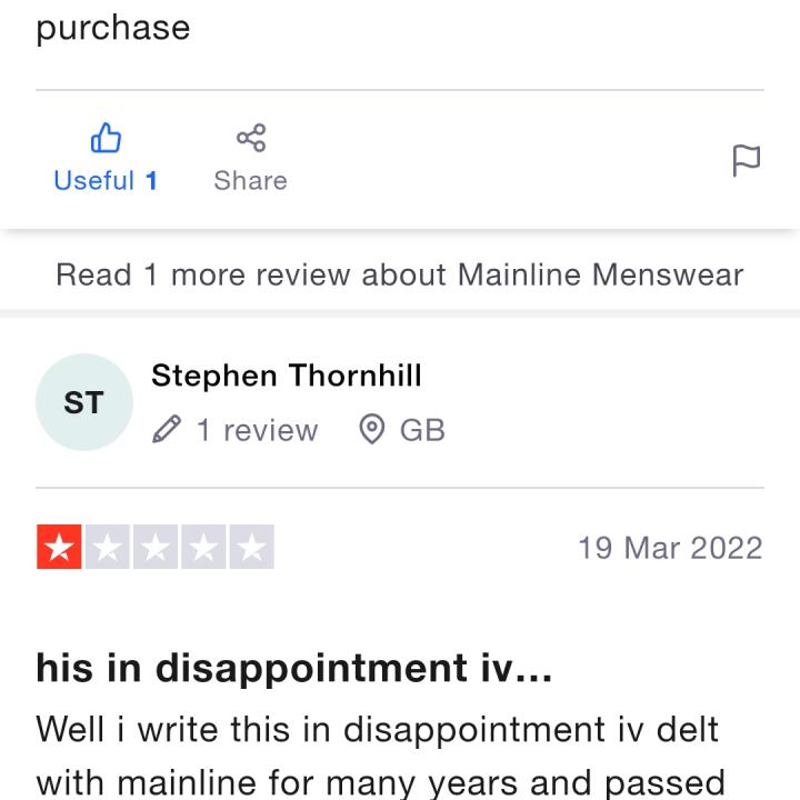 Mainline Menswear 1 star review on 31st March 2022