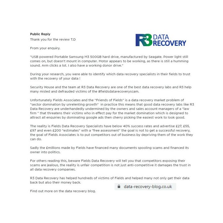 R3 Data Recovery Ltd 5 star review on 21st March 2019
