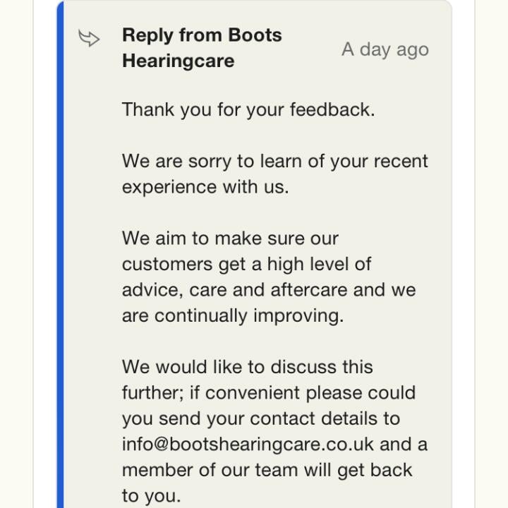 Boots Hearingcare 1 star review on 1st February 2024