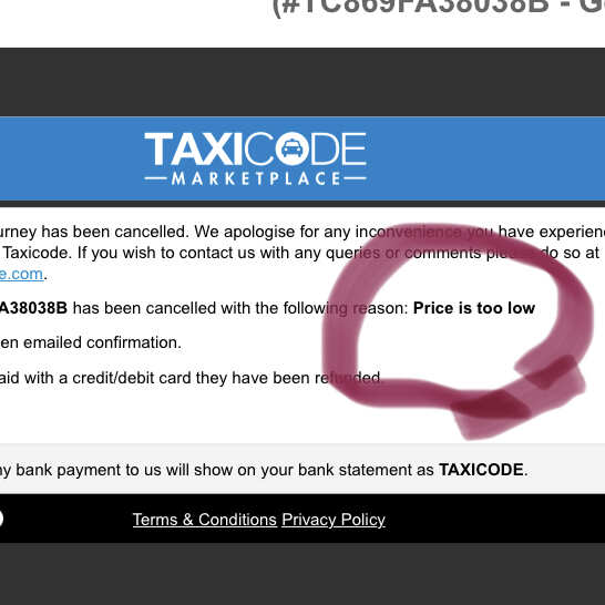 Taxicode 1 star review on 19th January 2021
