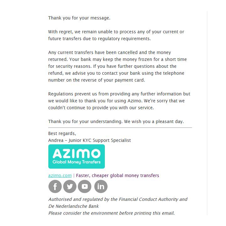 Azimo 1 star review on 10th March 2022