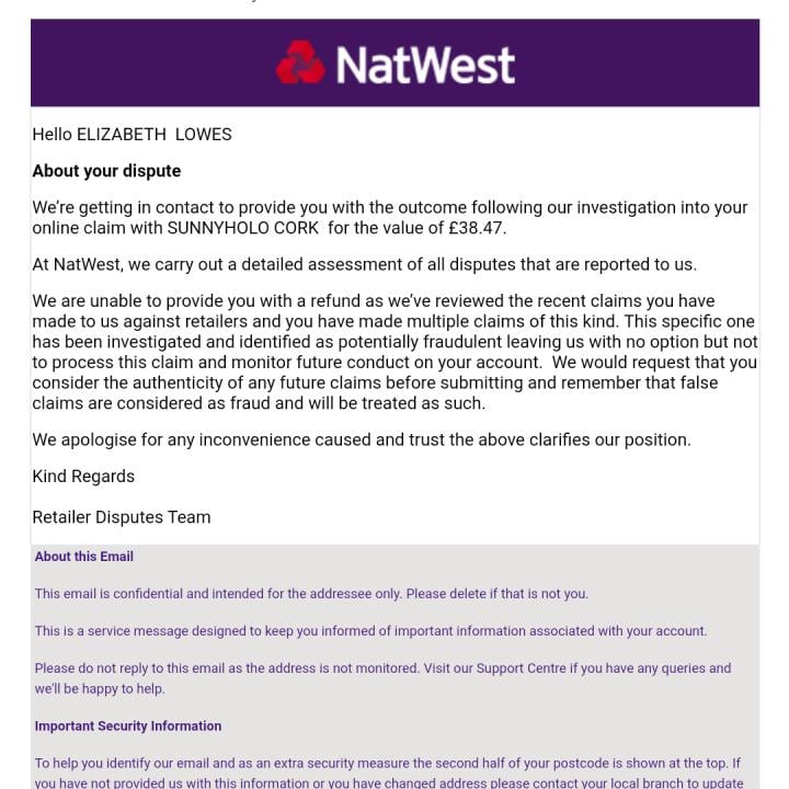 Natwest 1 star review on 26th November 2021