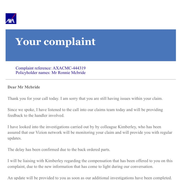 AXA Insurance 1 star review on 4th October 2022