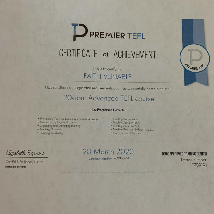 Premier TEFL  5 star review on 6th August 2020