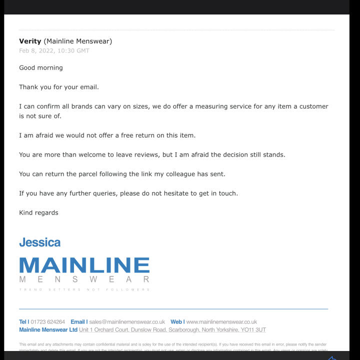 Mainline Menswear 1 star review on 8th February 2022