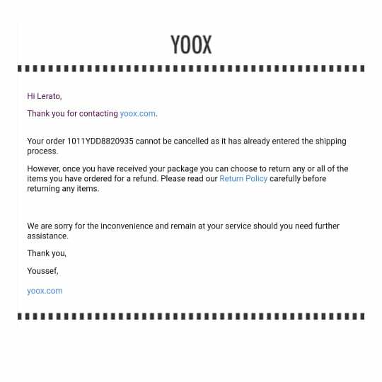 Yoox 1 star review on 19th November 2020
