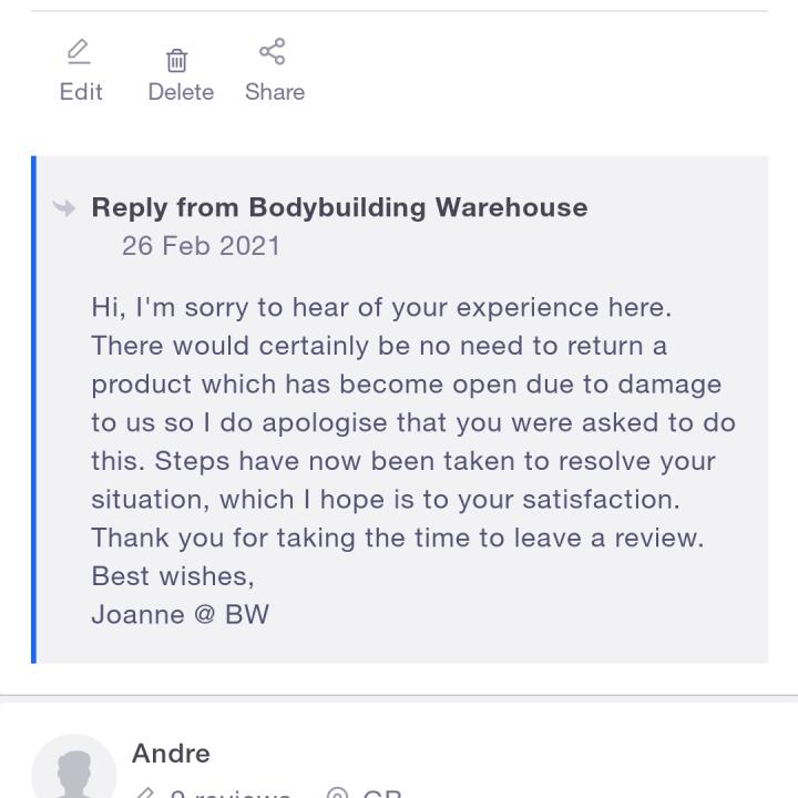 Bodybuilding Warehouse 1 star review on 27th March 2021