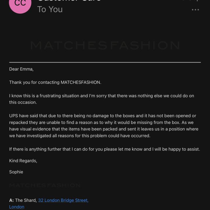 MATCHESFASHION.COM 1 star review on 19th October 2022
