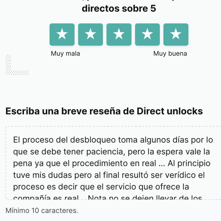Direct unlocks 5 star review on 5th May 2024