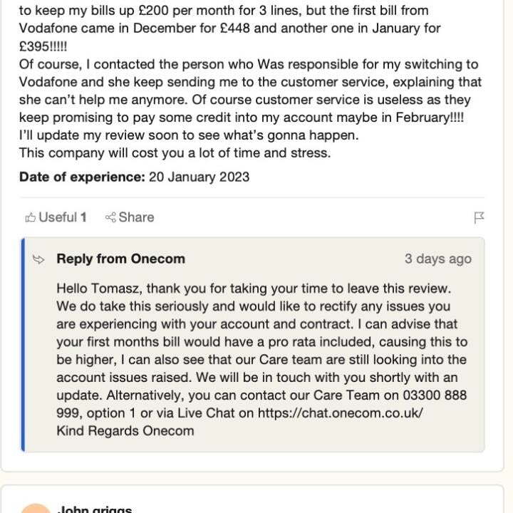 Onecom 1 star review on 25th January 2023