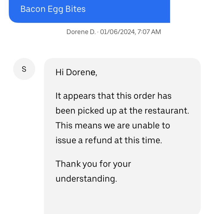 UberEATS 1 star review on 19th January 2024