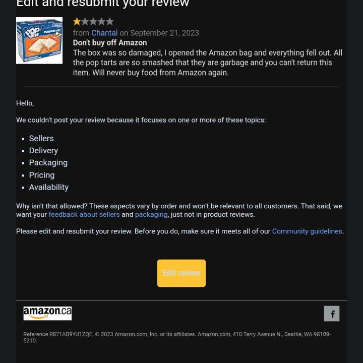Amazon Canada 1 star review on 23rd September 2023