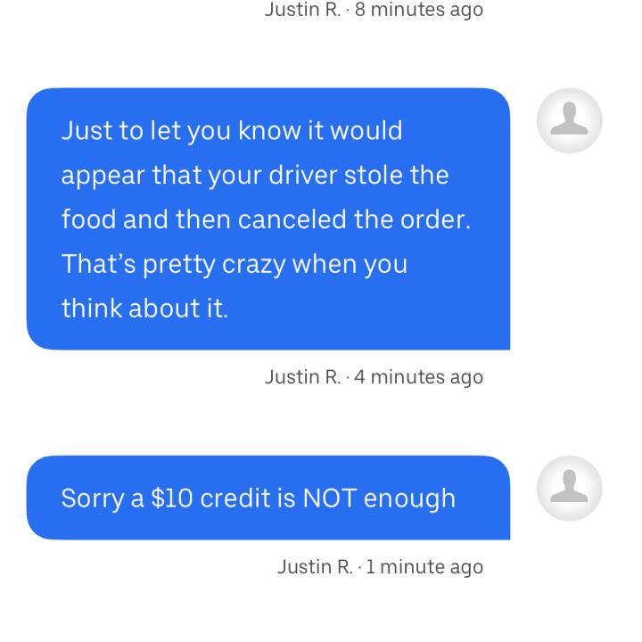UberEATS 1 star review on 19th December 2023