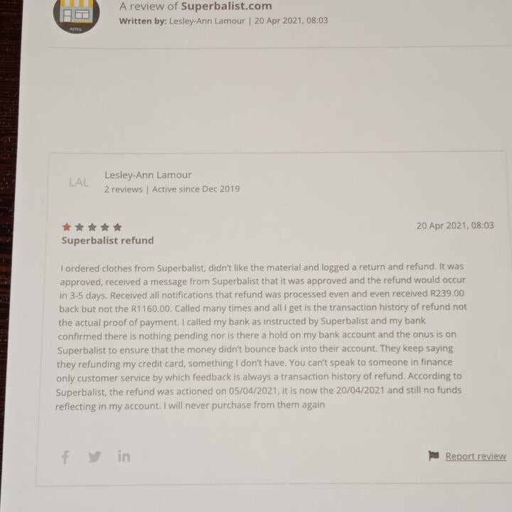 Superbalist.com 1 star review on 20th April 2021