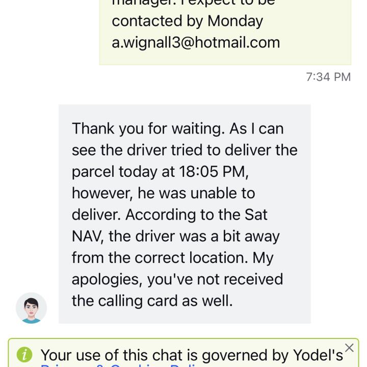 Yodel 1 star review on 30th June 2023