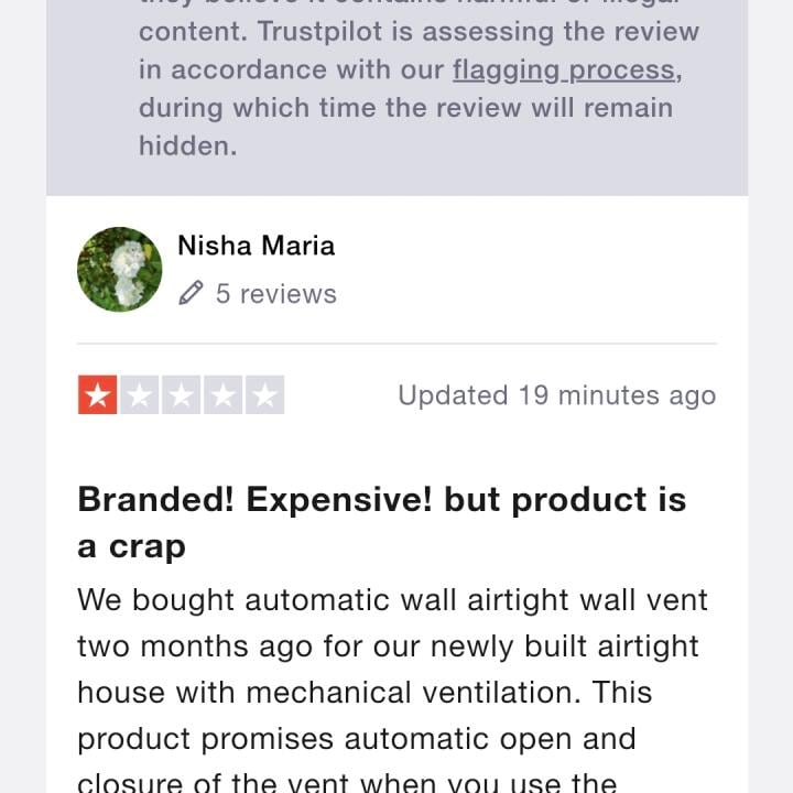 luxairHoods 1 star review on 1st March 2022