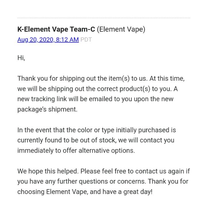 Element Vape 5 star review on 20th August 2020