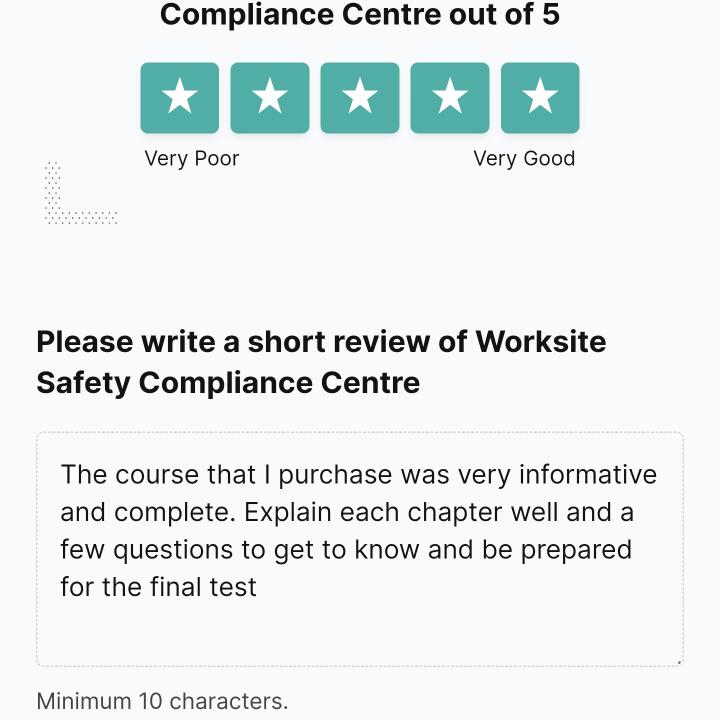 Worksite Safety Compliance Centre 5 star review on 15th September 2023