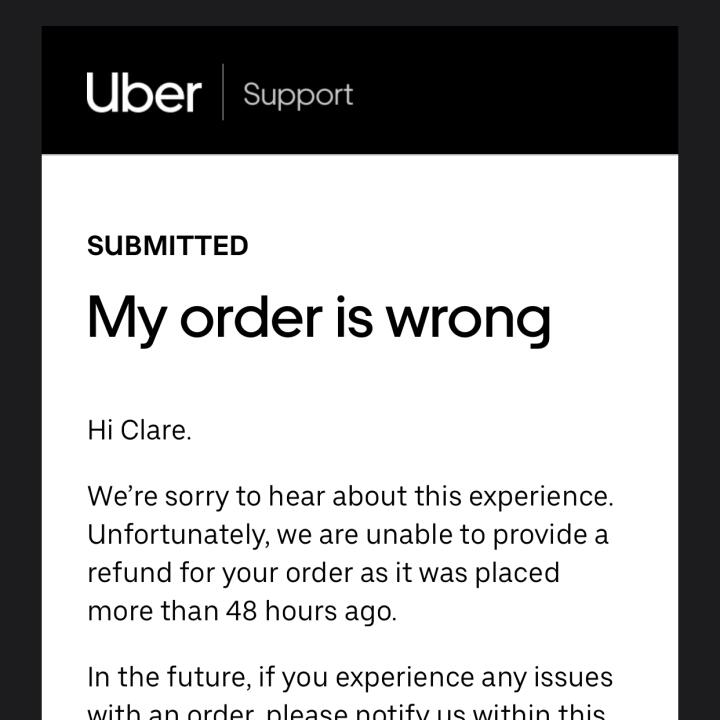 UberEATS 1 star review on 24th October 2023