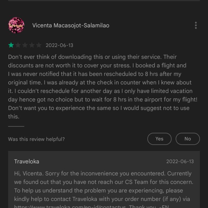 Traveloka 1 star review on 20th June 2022
