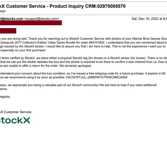 StockX 1 star review on 11th December 2022